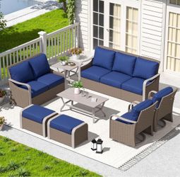 8pc Outdoor Wicker Patio Furniture Set with Navy Cushions