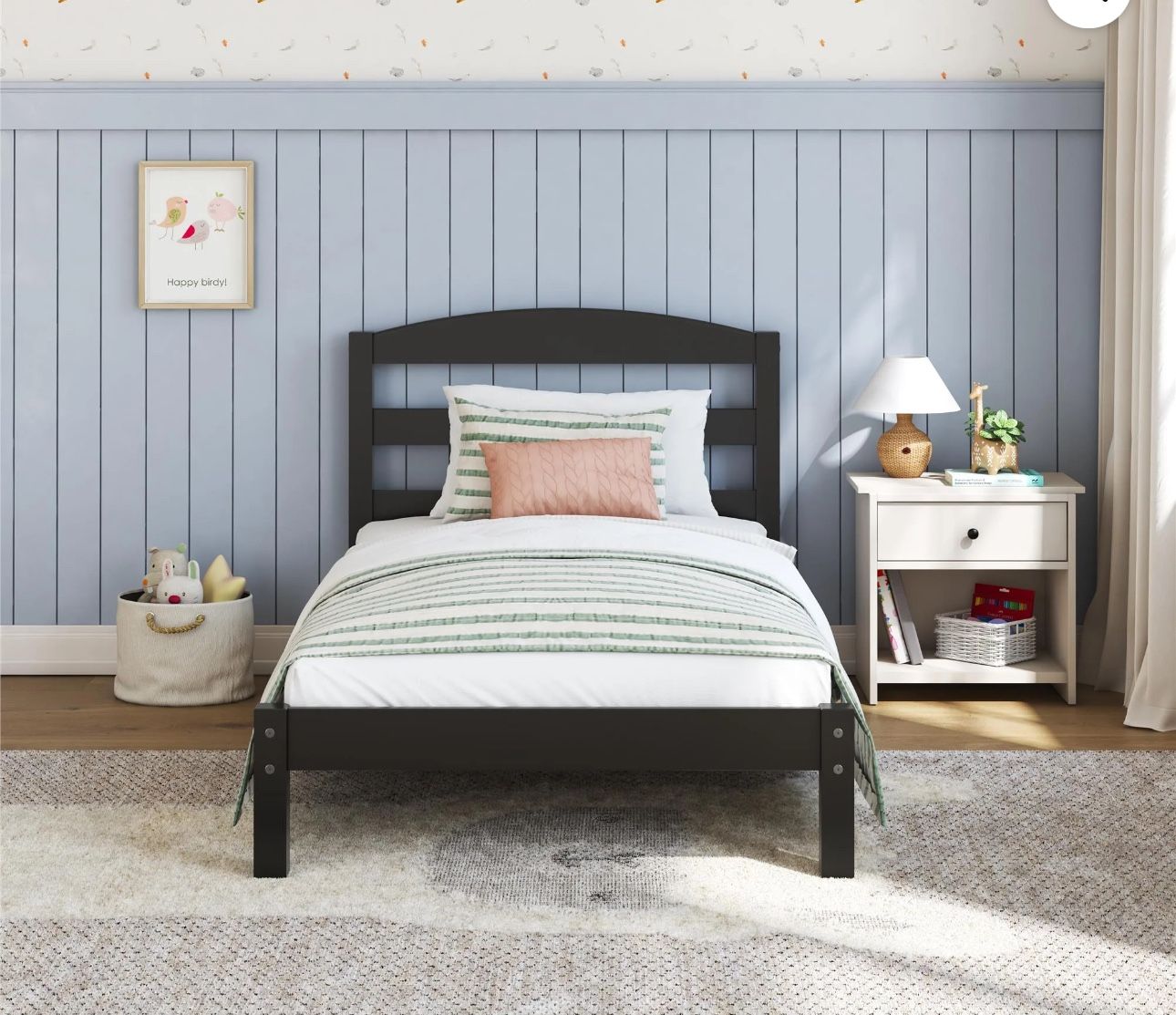 Kids Twin Size Bed, Wood Platform Bed Frame, Black