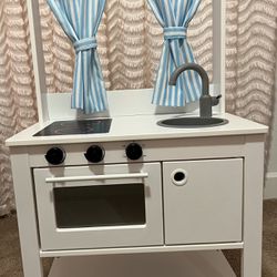 IKEA Spisig Play Kitchen with Curtains, Chalkboard, And Toy Silverware