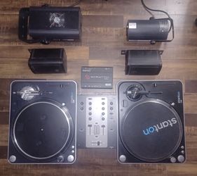 Complete DJ Kit 2 Turntables, Mixer, Serato Scratch, 2 Stage Lights, 2 Speakers + Vinyl Records, Pioneer Receiver, Record Box
