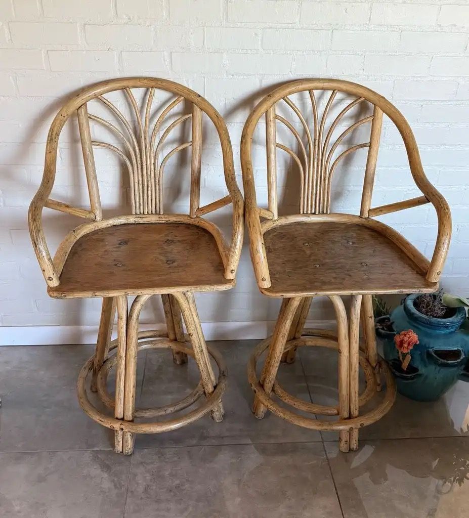 Matching Pair Natural Rattan Wicker Swivel Bar Stool Chairs