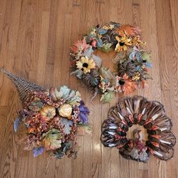 $25.00 - (3) Fall "Bundle" Price Offers!  24" Wreath + 24" Cornucopia + 16" Turkey Centerpiece!  Lowest Price/Great Condition!