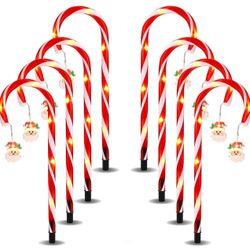 Christmas Candy Cane Solar Light with Cute Santa Claus Star Snowflake, Set of 8 Christmas Outdoor Decorations Pathway Markers for Sidewalk Yard Holida
