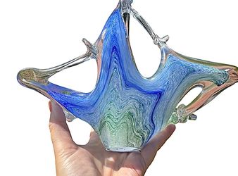 Mid-Century Italian Abstract Murano Stretch Art Candy Dish Bowl W/ Handle