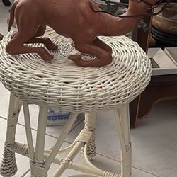 White Wicker Vanity Stool Table Footstool Only $25. 36 X 24 Arched Wicker Hall, Wall Or Dresser Mirror $40. Leather 14.5” Camel Statue $25. 