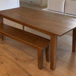 Crate & Barrel Basque Wood Dining Table 82’ Light Brown with 62’ Bench