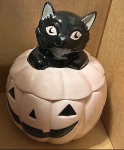 New Pink pumpkin black cat cookie jar