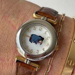 DISNEY/FOSSIL WINNIE THE POOH EEYORE FACE SILVER/GOLD 2 TONE WRIST WATCH