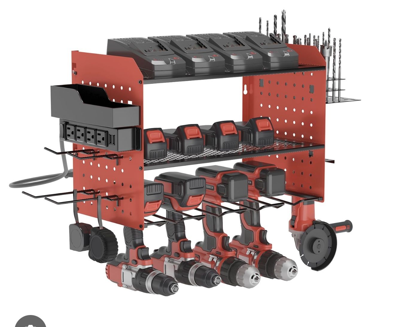 Power Tool Organizer Charging Station With Light Angle Grinder Holder, Heavy Duty 3 Layer Drill Holder,1 Screw Boxes,4 Hooks,Tool Battery Holder Built