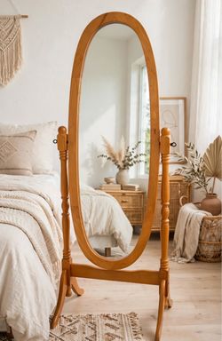 Vintage Oval Wood Standing Full Length Mirror - Cheval Mirror with Scalloped Legs