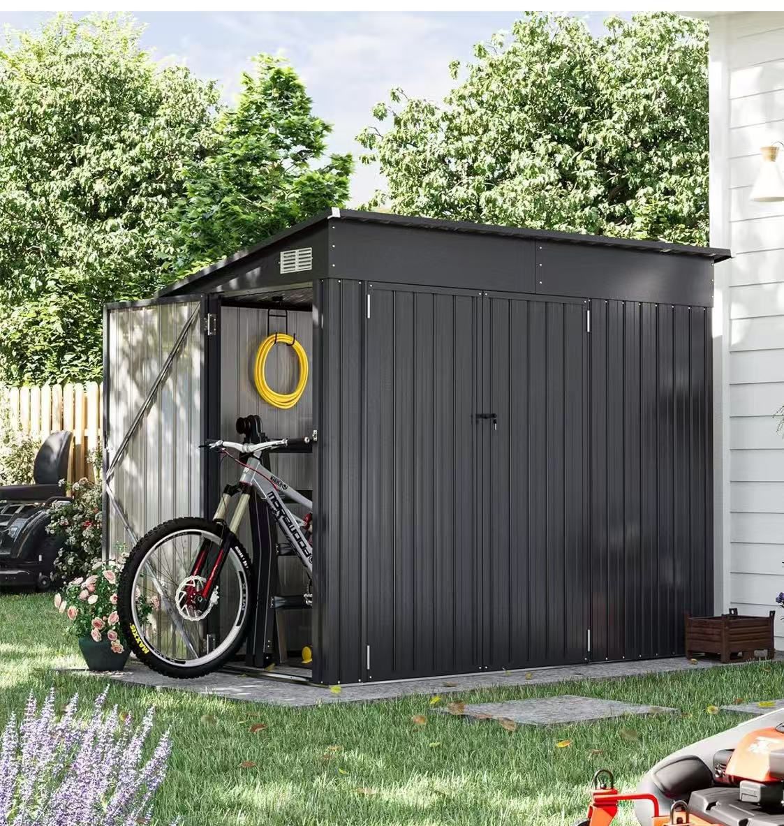 4 x 8ft Outdoor Storage Shed with Triple Door with Metal Lock with Sloping Roof for Tools, Bicycle Storage for Garden, Patio, Patio $ 180