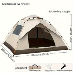 Automatic Instant Setup Camping Tent, 1-3/3-4 Person All-Season Tent with Dual Doors & Mesh Windows, Windproof Lightweight Green/Beige Tent for Campin