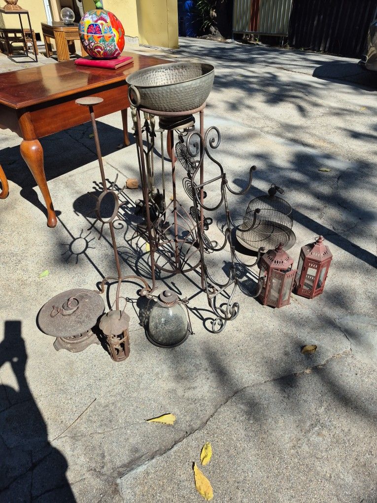 GROUP of IRON CANDLESTICK AND PLANTER