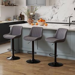 Q282-Youhauchair Bar Stools Set of 3, Swivel Counter Height Barstools with Back, Adjustable PU Leather Bar Chairs, Modern Armless Kitchen Island Stool