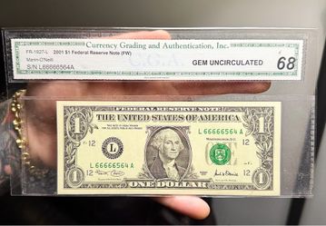 Nice 🙌!! 2001 $1 Federal Reserve Note – CGA 68 Gem Uncirculated – Fancy 66666 Serial Number !