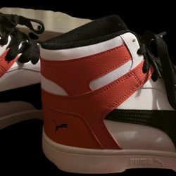 Puma Rebound Layup SL Mid Basketball Shoes Men's Size 8, White/Red & Black 