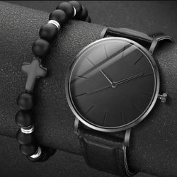 Black Goth analogue watch with black beaded bracelet set Punk Emo Boho Grunge  Style, Round Face with Faux Leather Strap, Alloy Case , Watches Jewelry