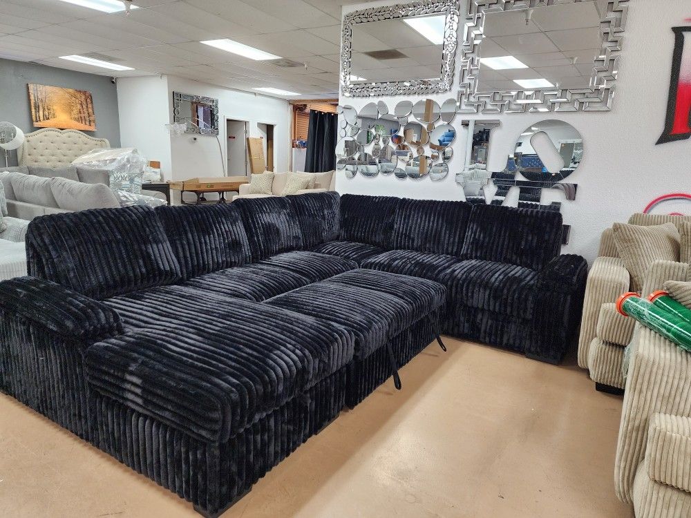 Black Plush Sectional With Sleeper And Storage REAL PRICE