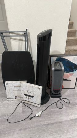 Black Tower Fan and Lasko Heater, frames and table