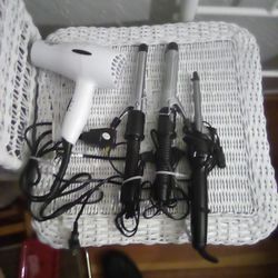 3 Curling Irons And Blow Dryer
