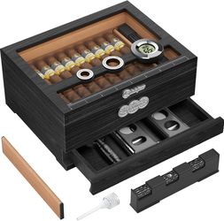 Humidor, Glass Top Desktop Humidor Box, Gifts for Men, Cedar Wood Case with Digital Hygrometer, Humidifier, Measuring Scale and Accessories Drawer