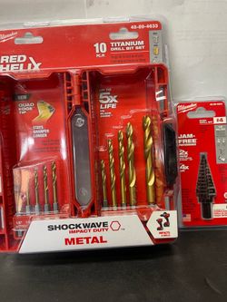 MILWAUKEE 10pc TITANIUM DRILL BIT SET#48-89-4633 and STEP DRILL BIT #4   Both$38((( read below))