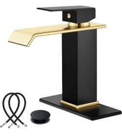Midanya Waterfall Bathroom Faucets, Single Handle 1 Hole Bathroom Sink Faucet Modern RV Vanity Restroom Lavatory Basin Faucet with Pop Up Drain and Wa