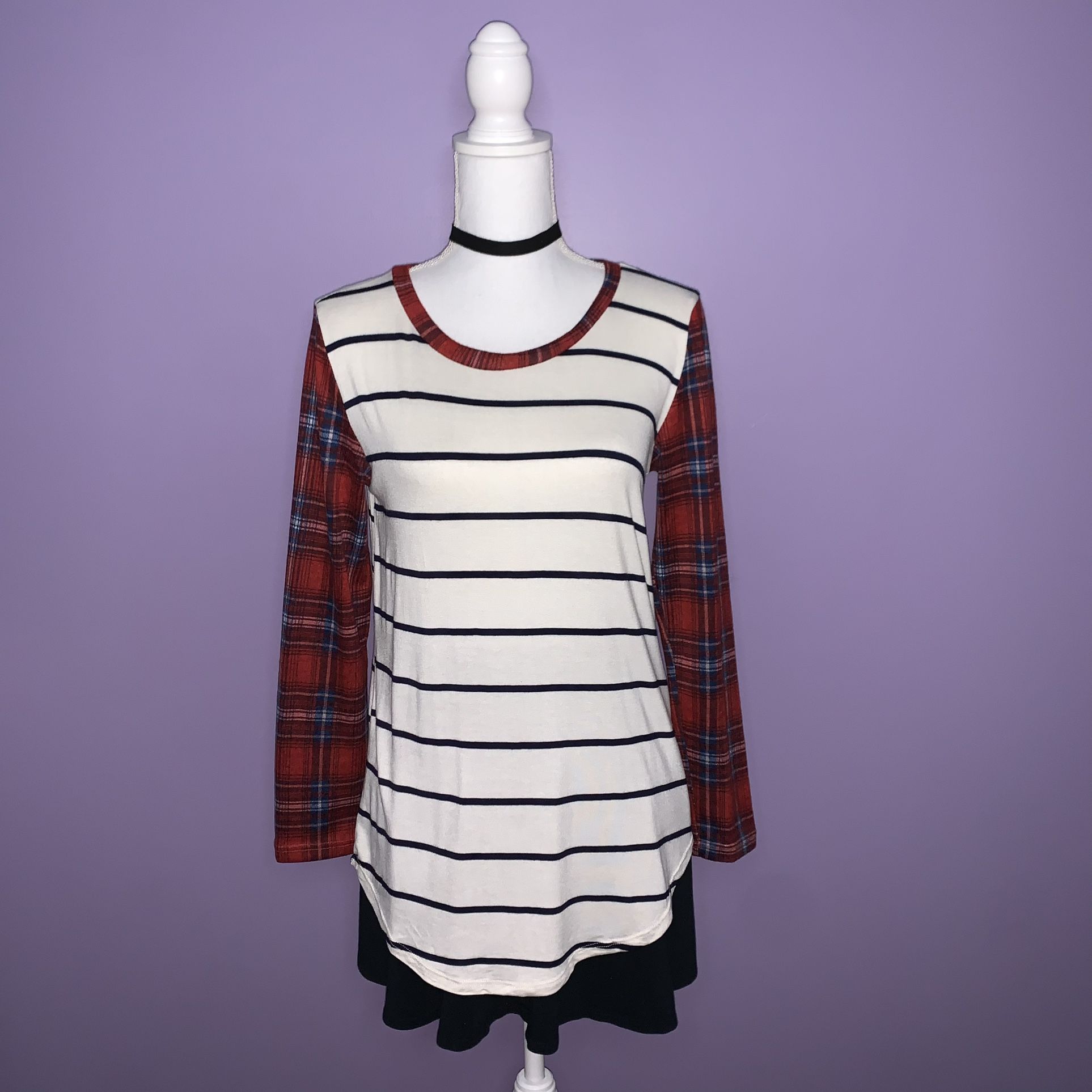 Boutique Plaid and Stripes Mixed Print Top