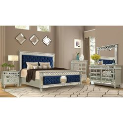 Brand New Blue/Silver Modern King Bedframe + Dresser + Mirror + Nightstand 4PCs Standard King Set