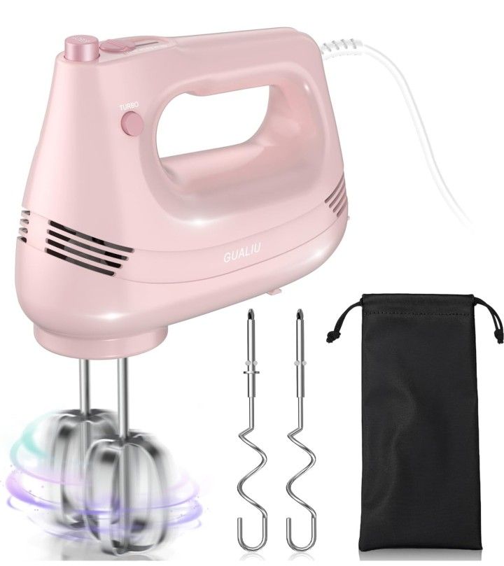 Electric Hand Mixer with Stainless Steel Whisk, Dough Hook Attachment and Storage Bag, Handheld Mixer for Baking Cakes, Eggs, Cream Foo