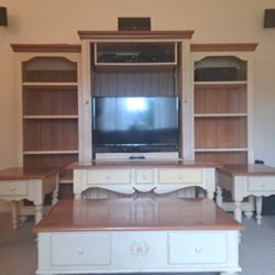 Price Reduced!  Entertainment center, bookcases, 4 matching tables