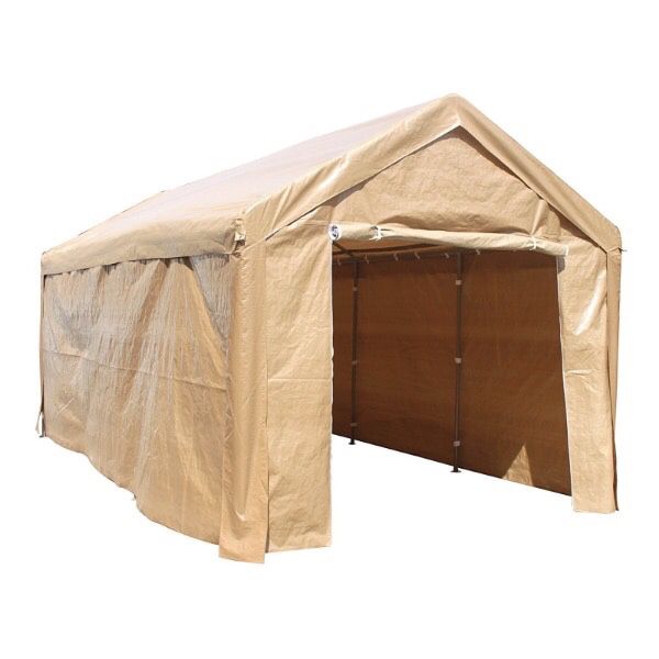 Outdoor Event Carport Garage Canopy Tent Shelter Storage with Sidewalls 10 x 20 x 8.5 Feet Beige