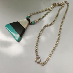 Turquoise, Jet Blk Wood, Mother Of Pearl Sterling Silver Necklace 