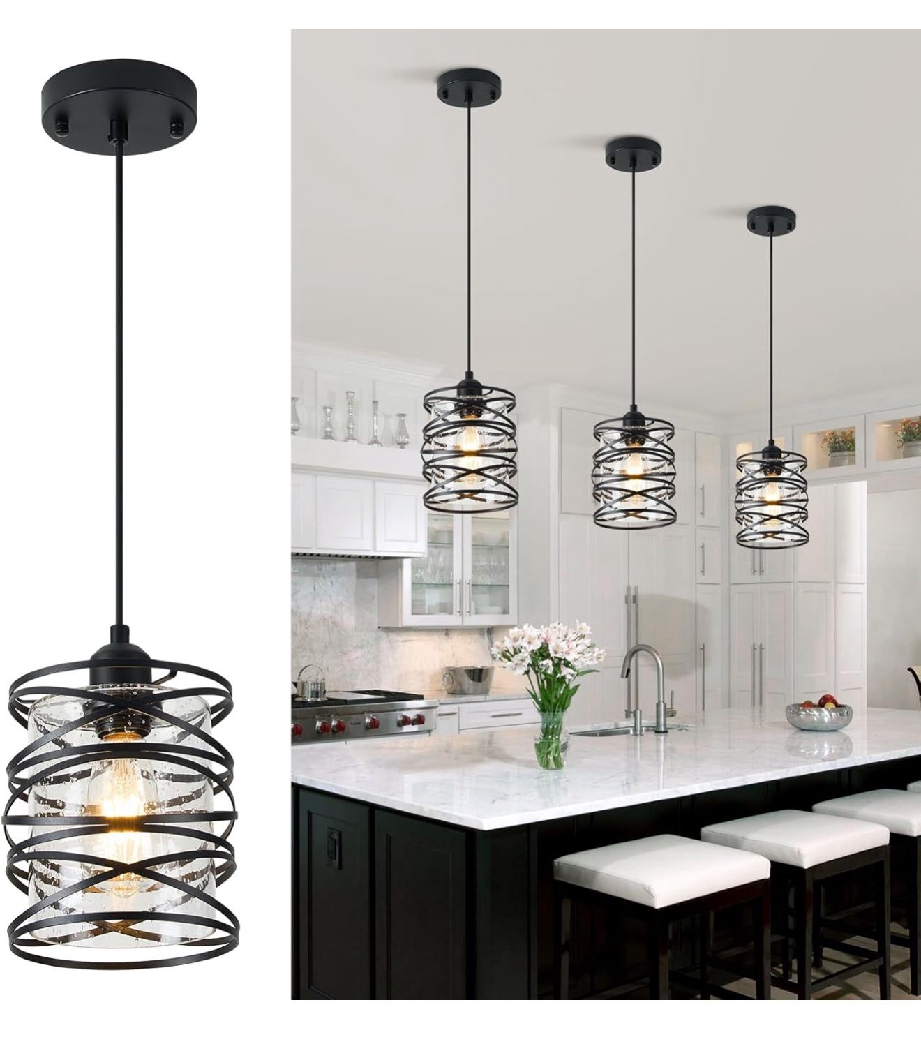 1-Pack Pendant Light Fixtures 6.3Inch Black Spiral