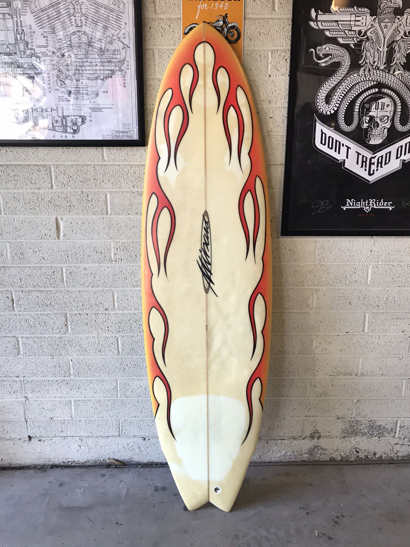 Minard flamed surfboard. 1986