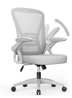 Home Office Desk Chair Mid Back with Adjustable Height Grey Comfy Ergonomic Chair with Flip-Up Arm and Lumbar Support, Breathable Mesh Swivel Computer