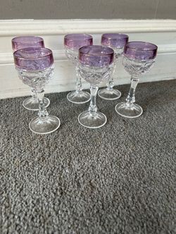 Vintage Lavender Purple Flash Cut-to-Clear Floral Stemmed Cordial Glasses, Set of 6