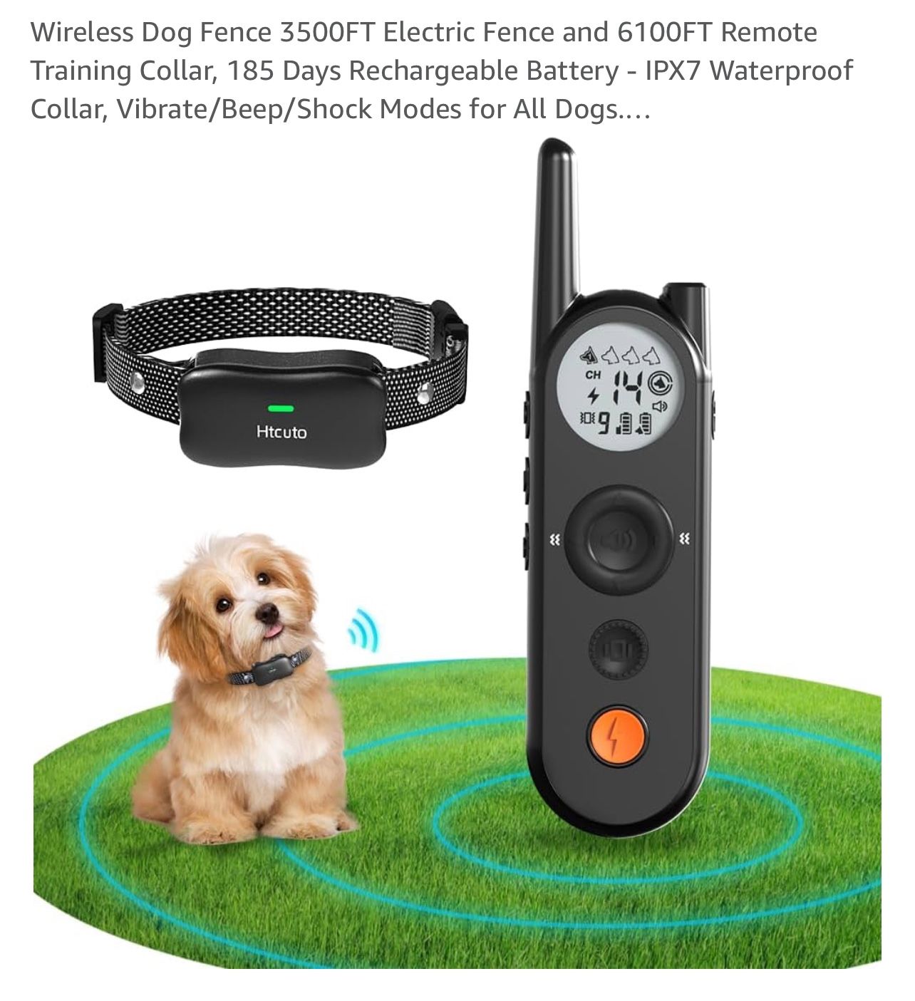 Htcuto Wireless Dog Fence 3500FT Electric Fence and 6100FT Remote Training Collar, 185 Days Recharge