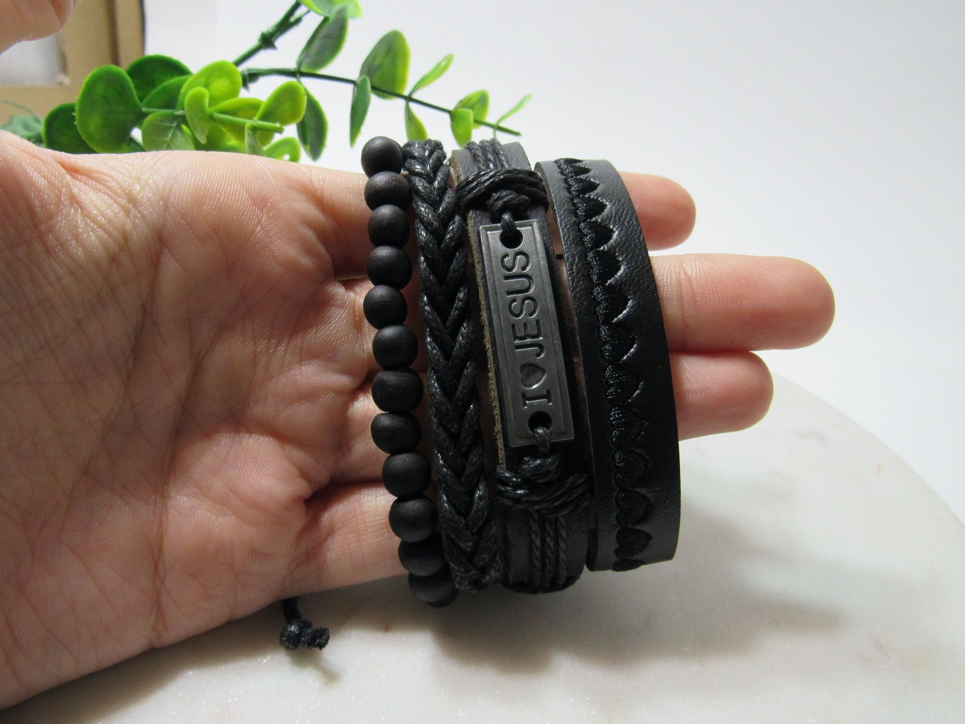 Adjustable Size up to 9.5inc Multilayer Leather Bracelet (Set of 4), I love Jesus