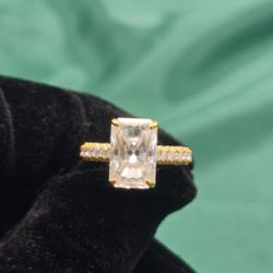 VVS D Moissanite Ring Emerald Cut 6.50 CTW And 925 Sterling Silver Yellow Gold