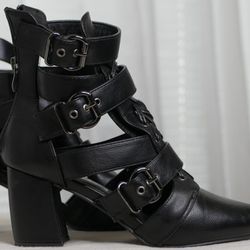 Leather Strappy Mid-Heel Boots