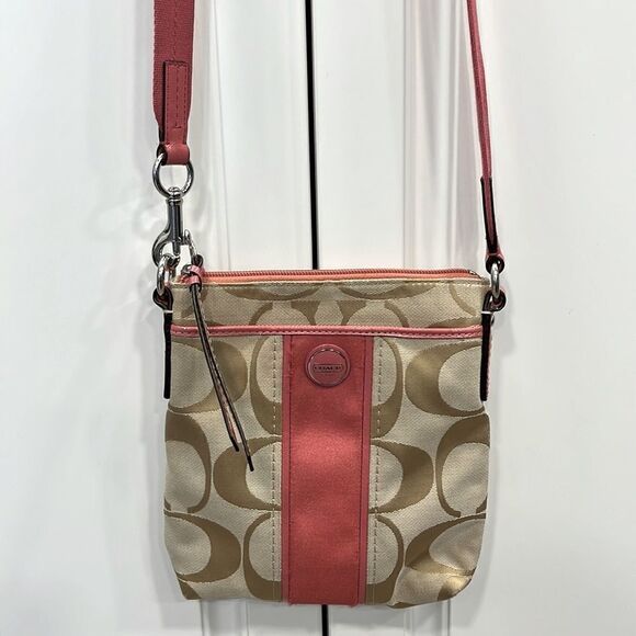 Coach Salmon Pink and Tan Logo Crossbody Bag