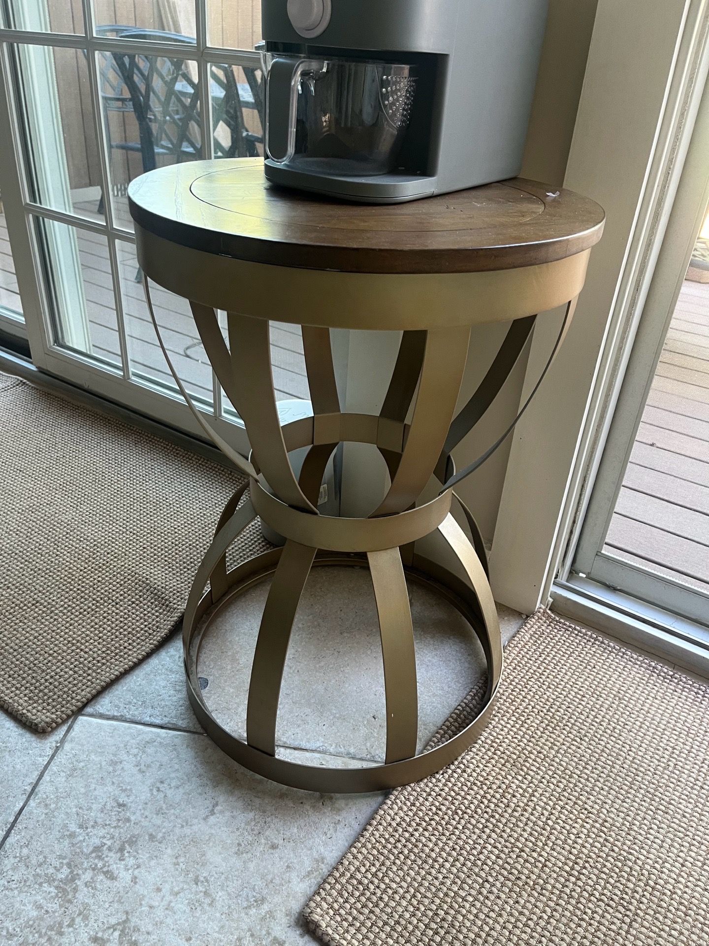 Side table with gold tone and wood top