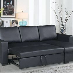 Brand New Black Leather Sectional Sofa Storage Sleeper