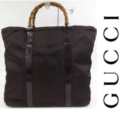 Authentic GUCCI Brown Nylon Fabric Bamboo Tote Bag Made In Italy