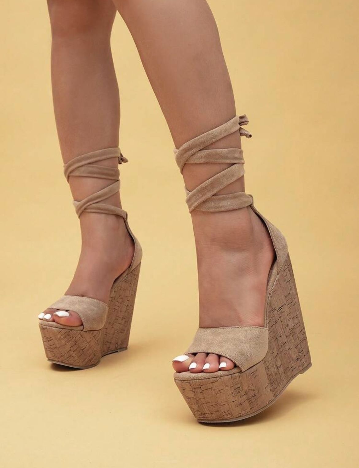 Nude Ankle Strap Platform Women Wedges Heels 