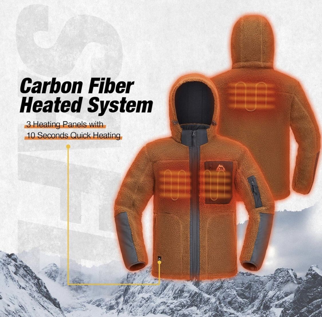 large Heated Jacket Fleece, Windproof Sherpa Heating Coat,Detachable Hood,Battery Include