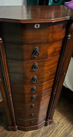 Tall Wooden Jewelry Armoire with Drawers