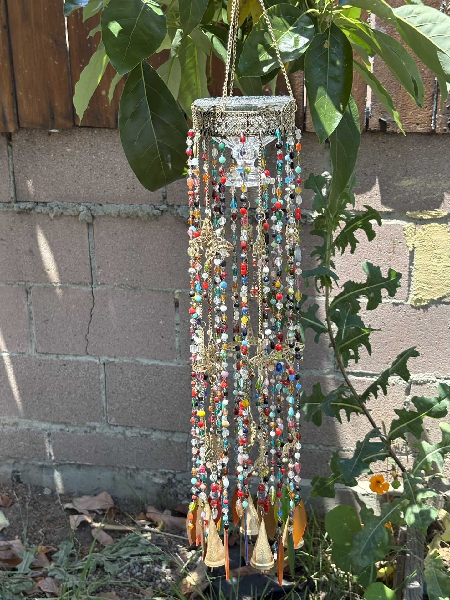 NEW! Crystal Butterfly Bird Feeder Bird Bath Glass Wind Chime with Bells Bohemian Garden Decor Beaded Sun Catcher Long 40” Mobile