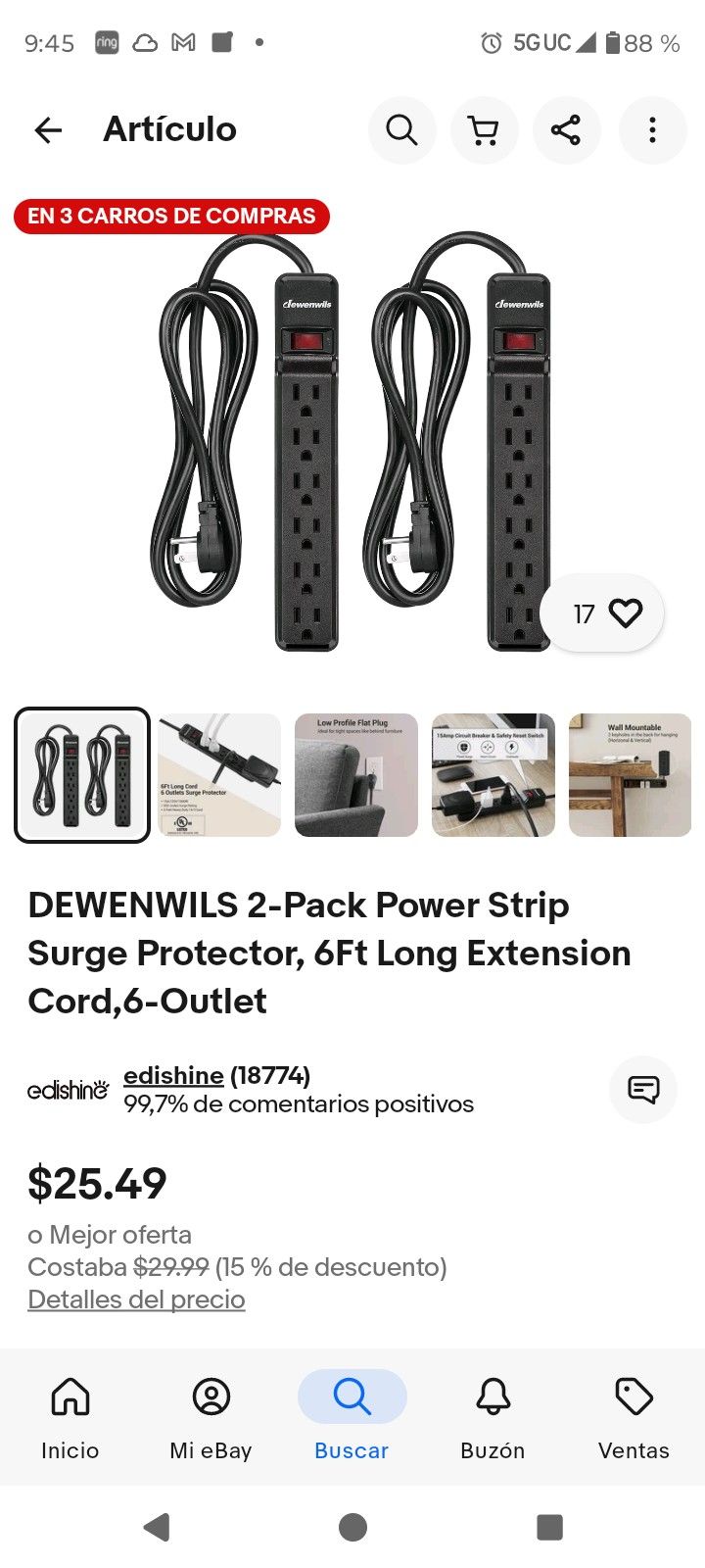 2 Pack Long Extensión Cord 6 Ft. 6 -outlet